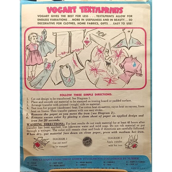 Vintage Transfer Pattern Sheet with Flowers and Ribbons Illustrations Vogart Tex - Picture 3 of 3